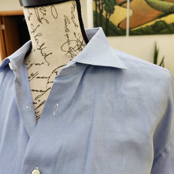 ZEGNA Regular Fit Micro Striped Blue and White Button-down Shirt - Picture 4 of 12